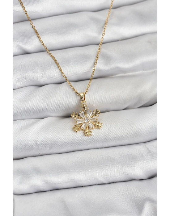 ® 316L Çelik Zincir Gold Renk Kar Tanesi Model Zirkon Taşlı Kadın Kolye