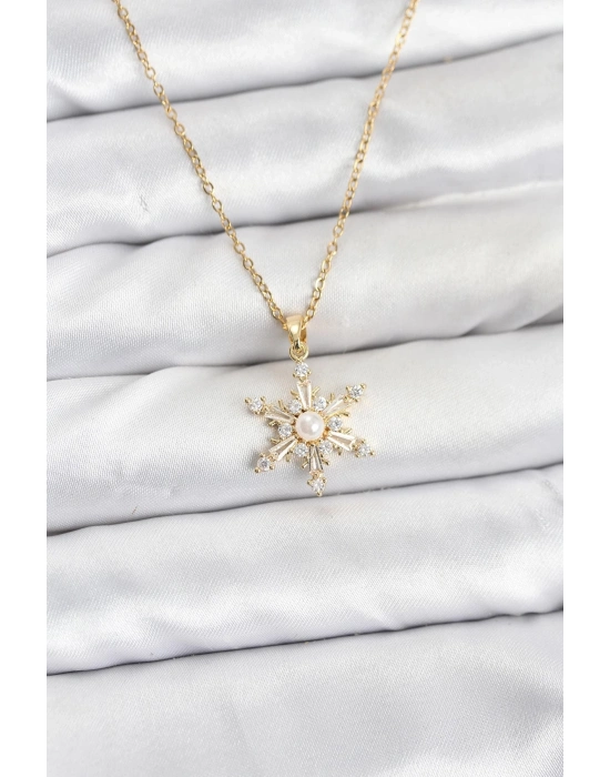 ® 316L Çelik Zincir Gold Renk Kar Tanesi Model Zirkon Taşlı Kadın Kolye