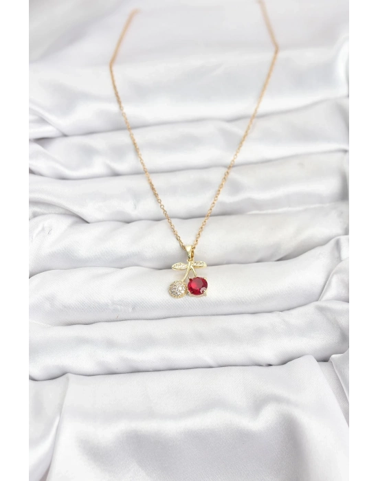 ® 316L Çelik Zincir Gold Renk Kiraz Model Zirkon Taşlı Kadın Kolye