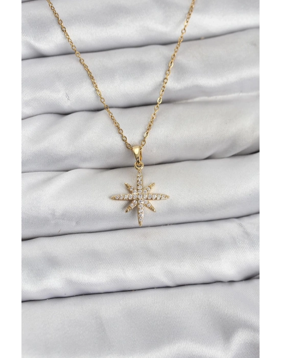 ® 316L Çelik Zincir Gold Renk Kutup Yıldızı Model Zirkon Taşlı Kadın Kolye
