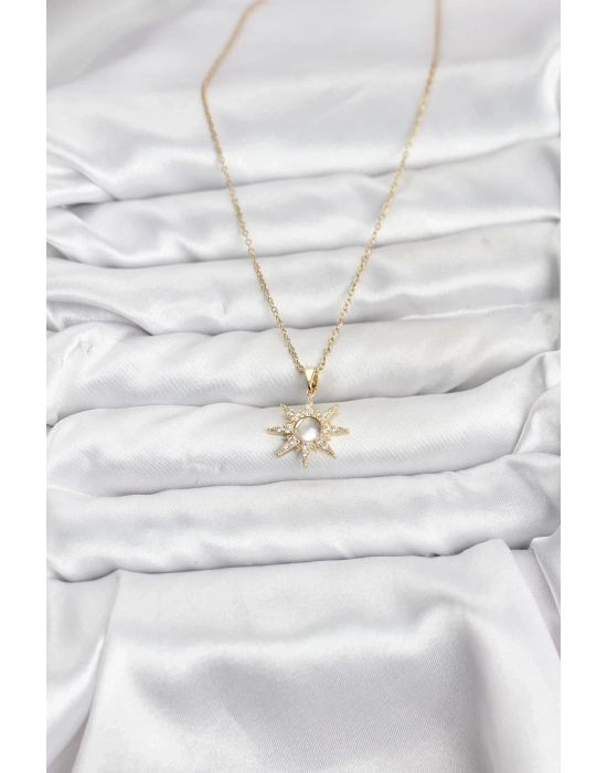 ® 316L Çelik Zincir Gold Renk Kutup Yıldızı Model Zirkon Taşlı Kadın Kolye