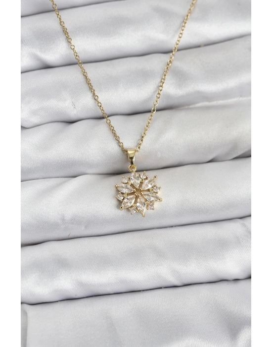 ® 316L Çelik Zincir Gold Renk Lotus Model Zirkon Taşlı Kadın Kolye