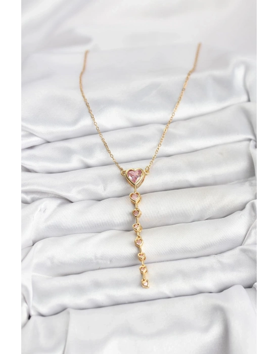 ® 316L Çelik Zincir Gold Renk Pembe Kalp Kadın Kolye