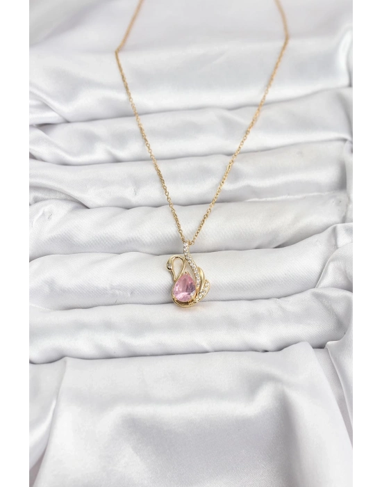 ® 316L Çelik Zincir Gold Renk Pembe Kuğu Model Zirkon Taşlı Kadın Kolye