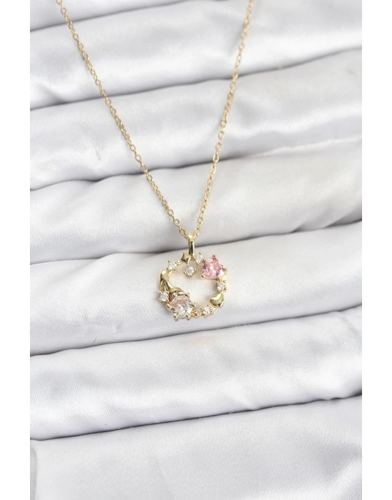 ® 316L Çelik Zincir Gold Renk Pembe Taş Detaylı Çelenk Model Kadın Kolye