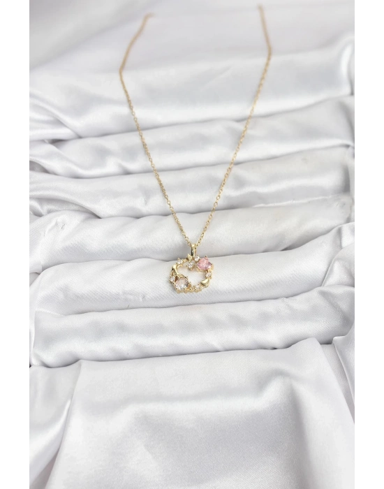 ® 316L Çelik Zincir Gold Renk Pembe Taş Detaylı Çelenk Model Kadın Kolye