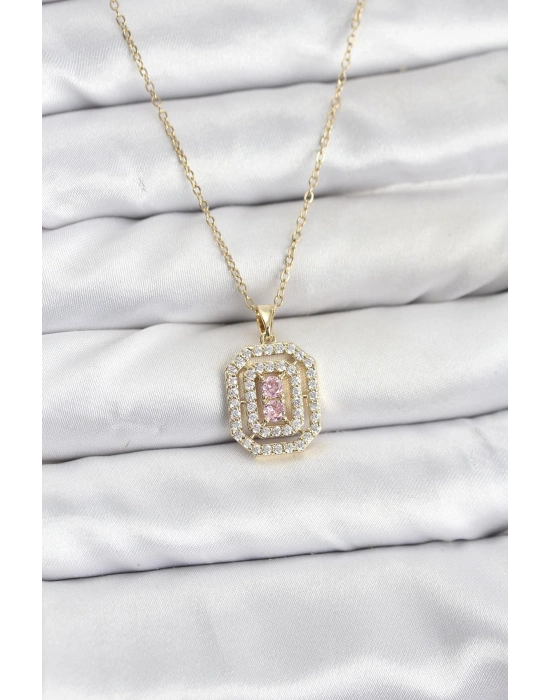 ® 316L Çelik Zincir Gold Renk Plaka Model Zirkon Taşlı Kadın Kolye