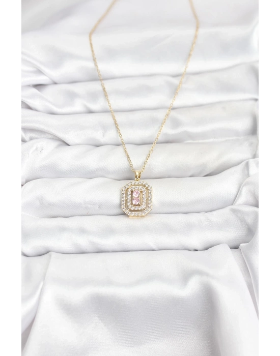 ® 316L Çelik Zincir Gold Renk Plaka Model Zirkon Taşlı Kadın Kolye