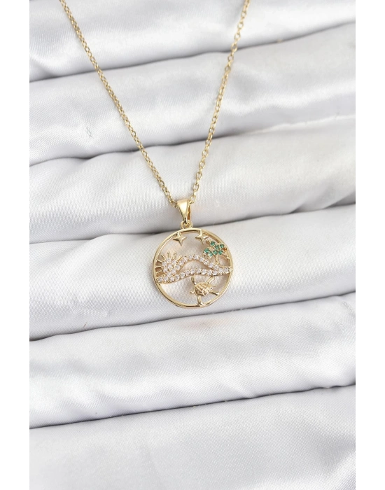 ® 316L Çelik Zincir Gold Renk Şans Kolyesi Model Zirkon Taşlı Kadın Kolye