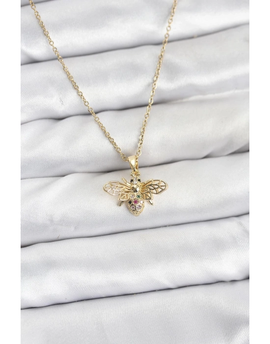 ® 316L Çelik Zincir Gold Renk Sinek Model Zirkon Taşlı Kadın Kolye