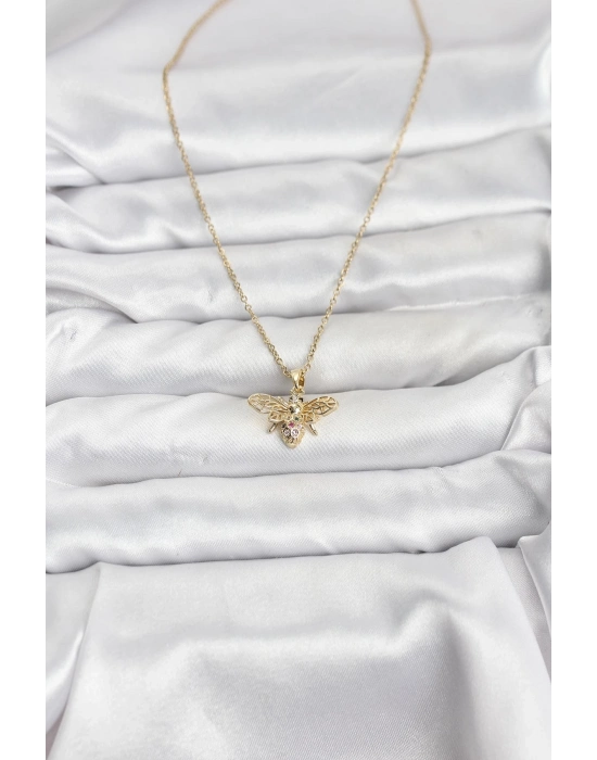 ® 316L Çelik Zincir Gold Renk Sinek Model Zirkon Taşlı Kadın Kolye