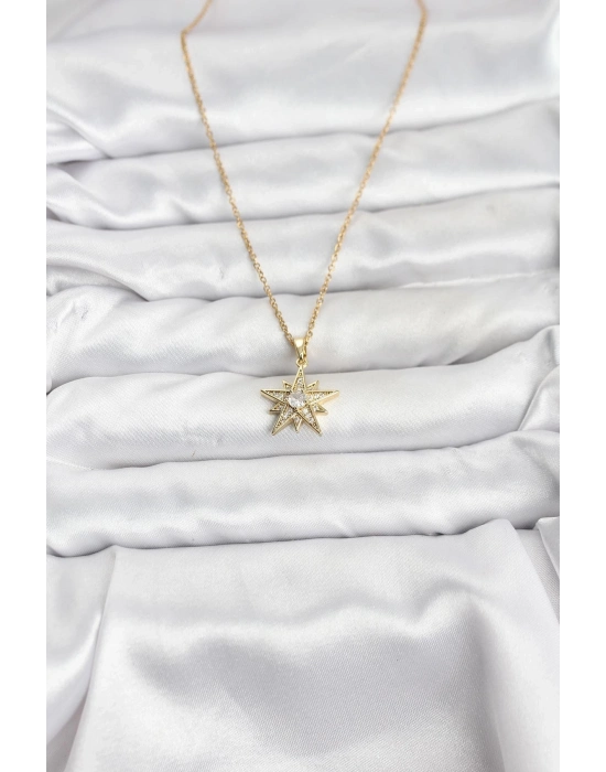 ® 316L Çelik Zincir Gold Renk Yıldız Model Zirkon Taşlı Kadın Kolye