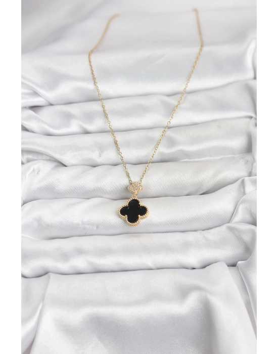 ® 316L Çelik Zincir Gold Renk Yonca Model Zirkon Taşlı Kadın Kolye