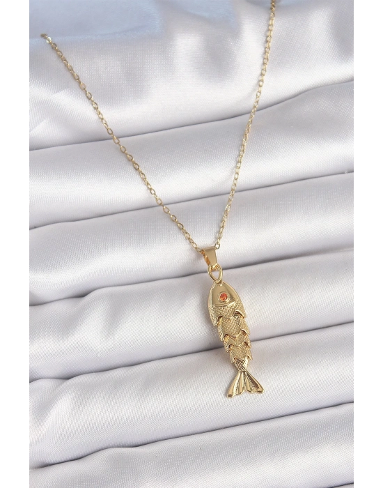 ® 316L Çelik Zincir Gold Renk Zirkon Taşlı Balık Figürlü Kolye