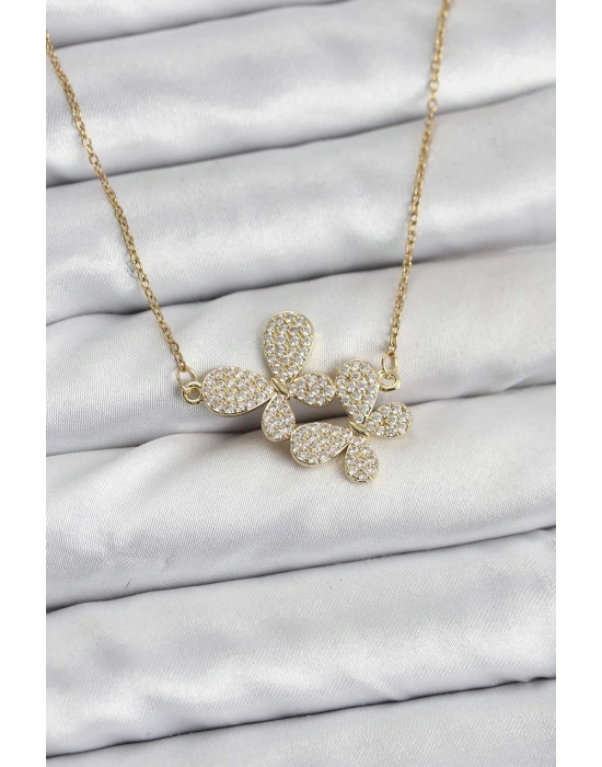® 316L Çelik Zincir Gold Renk Zirkon Taşlı Kelebek Model Kadın Kolye