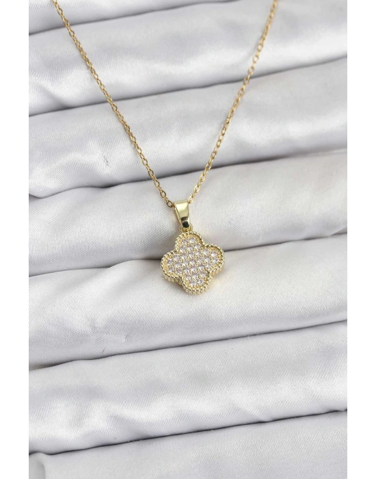 ® 316L Çelik Zincir Gold Renk Zirkon Taşlı Yonca Model Kadın Kolye