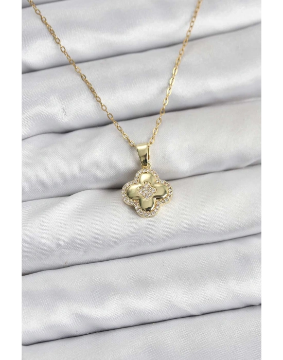 ® 316L Çelik Zincir Gold Renk Zirkon Taşlı Yonca Model Kadın Kolye