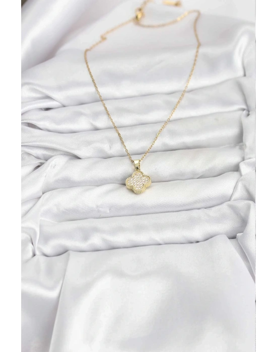 ® 316L Çelik Zincir Gold Renk Zirkon Taşlı Yonca Model Kadın Kolye