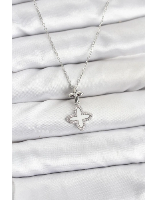 ® 316L Çelik Zincir Gümüş Renk 4 Yapraklı Yonca Model Zirkon Taşlı Kadın Kolye