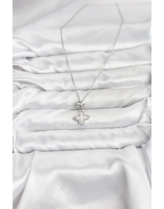 ® 316L Çelik Zincir Gümüş Renk 4 Yapraklı Yonca Model Zirkon Taşlı Kadın Kolye