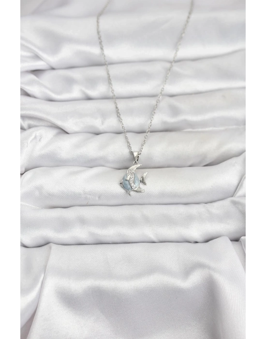 ® 316L Çelik Zincir Gümüş Renk Balık Model Zirkon Taşlı Kadın Kolye