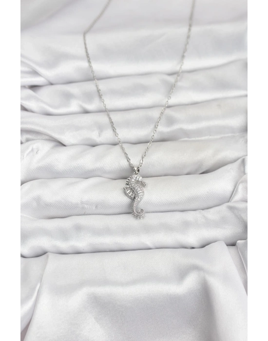 ® 316L Çelik Zincir Gümüş Renk Deniz Atı Model Zirkon Taşlı Kadın Kolye