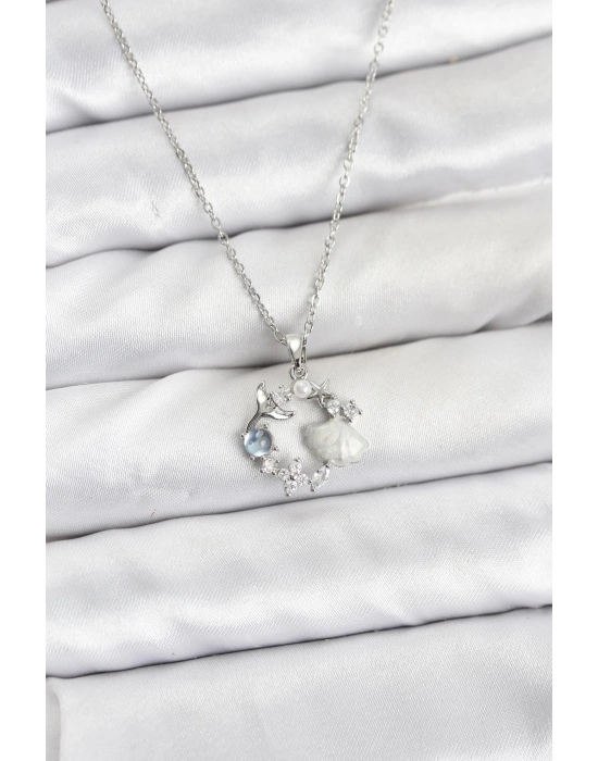 ® 316L Çelik Zincir Gümüş Renk Deniz Tema Model Zirkon Taşlı Kadın Kolye