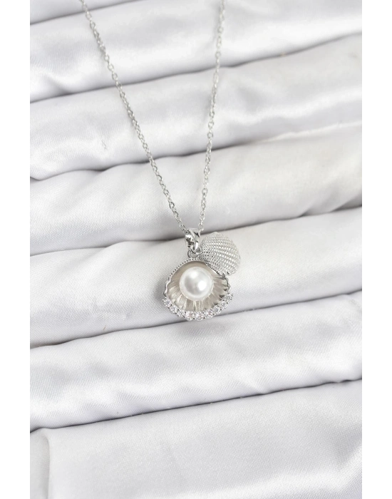 ® 316L Çelik Zincir Gümüş Renk İncili Deniz Kabuğu Model Zirkon Taşlı Kadın Kolye