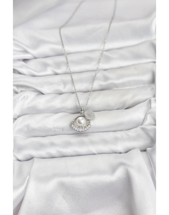 ® 316L Çelik Zincir Gümüş Renk İncili Deniz Kabuğu Model Zirkon Taşlı Kadın Kolye