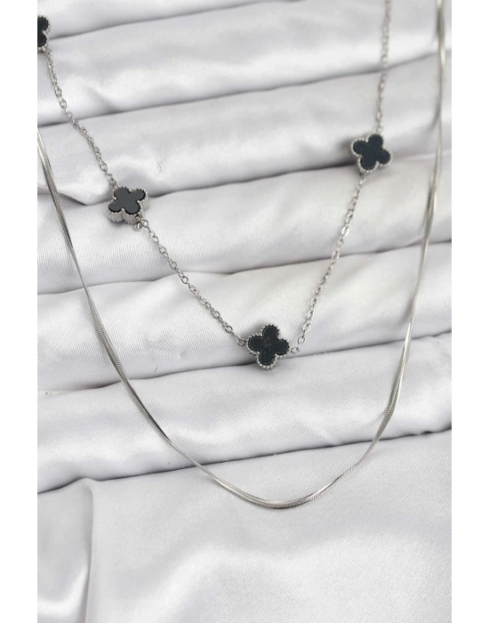 ® 316L Çelik Zincir Gümüş Renk İtalyan Zincirli Siyah Yonca Model Kadın Kolye