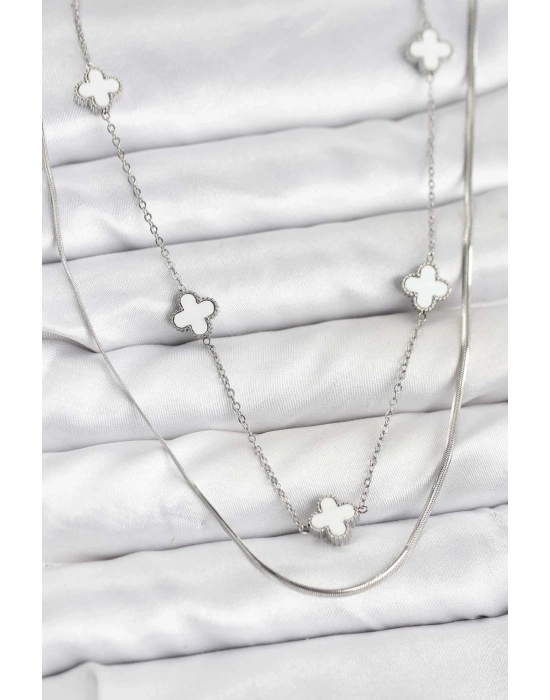 ® 316L Çelik Zincir Gümüş Renk İtalyan Zincirli Yonca Model Kadın Kolye