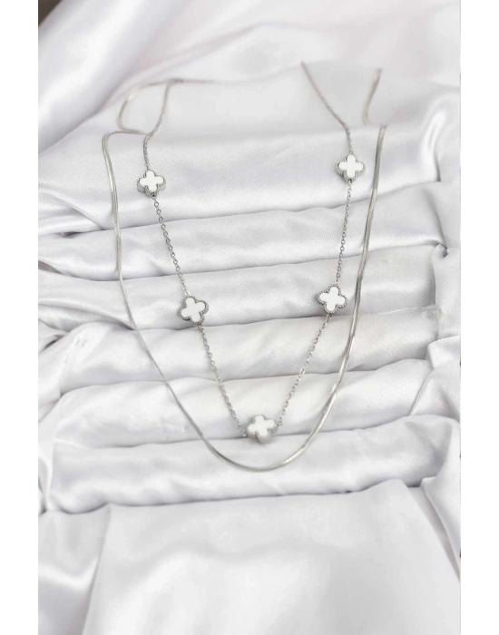 ® 316L Çelik Zincir Gümüş Renk İtalyan Zincirli Yonca Model Kadın Kolye