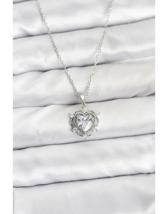 ® 316L Çelik Zincir Gümüş Renk Kalp Model Zirkon Taşlı Kadın Kolye