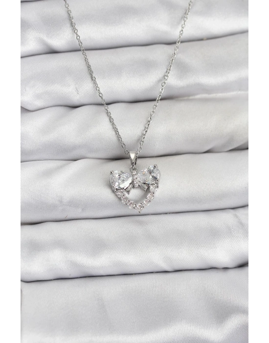 ® 316L Çelik Zincir Gümüş Renk Kalp ve Fiyonk Model Zirkon Taşlı Kadın Kolye