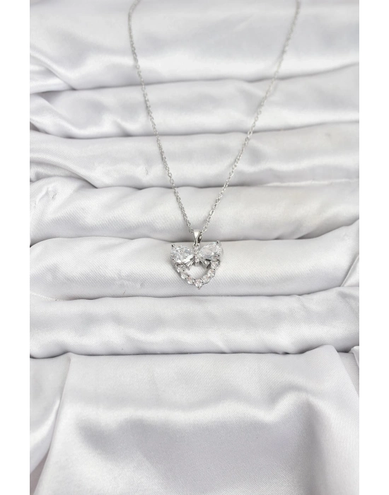 ® 316L Çelik Zincir Gümüş Renk Kalp ve Fiyonk Model Zirkon Taşlı Kadın Kolye
