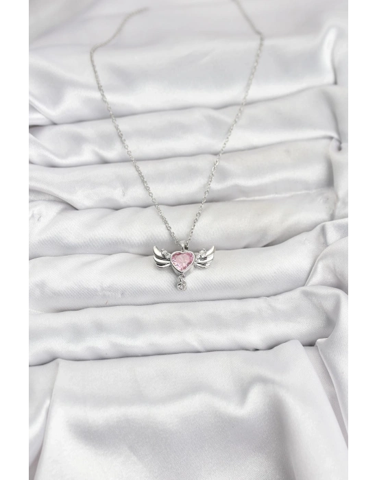 ® 316L Çelik Zincir Gümüş Renk Kanatlı Kalp Model Zirkon Taşlı Kadın Kolye
