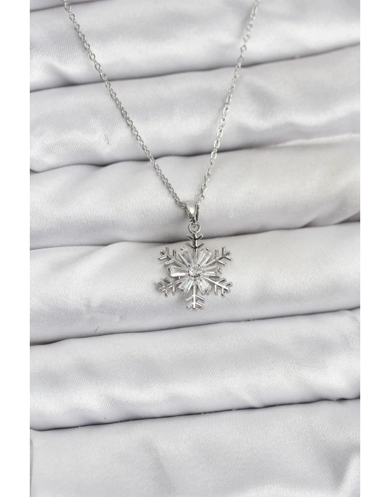 ® 316L Çelik Zincir Gümüş Renk Kar Tanesi Model Zirkon Taşlı Kadın Kolye
