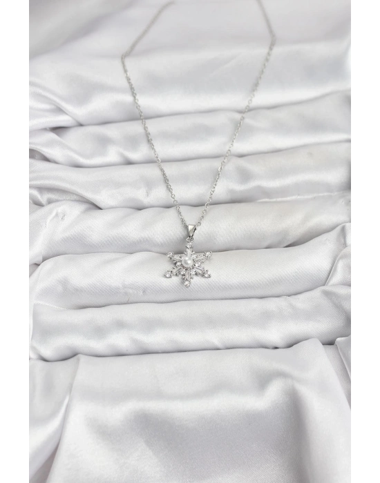 ® 316L Çelik Zincir Gümüş Renk Kar Tanesi Model Zirkon Taşlı Kadın Kolye