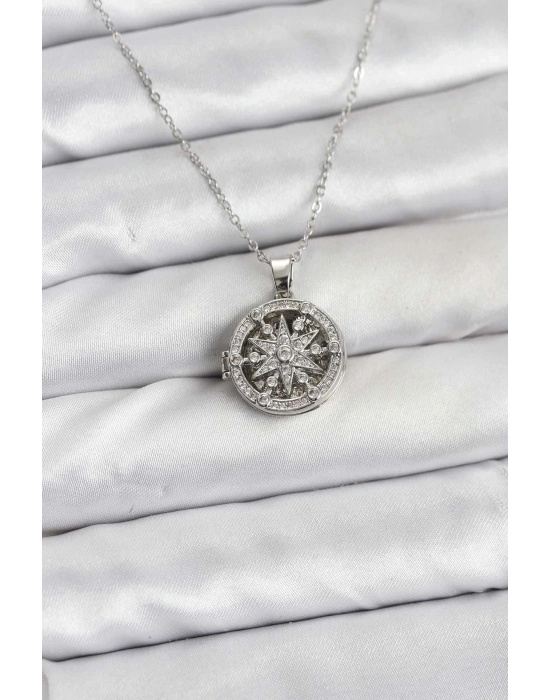 ® 316L Çelik Zincir Gümüş Renk Kutup Yıldızı Kapaklı Model Kadın Kolye