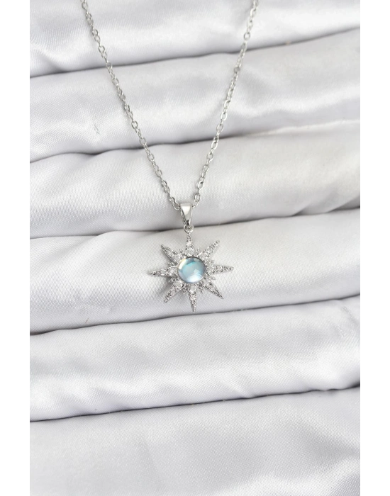 ® 316L Çelik Zincir Gümüş Renk Kutup Yıldızı Model Zirkon Taşlı Kadın Kolye