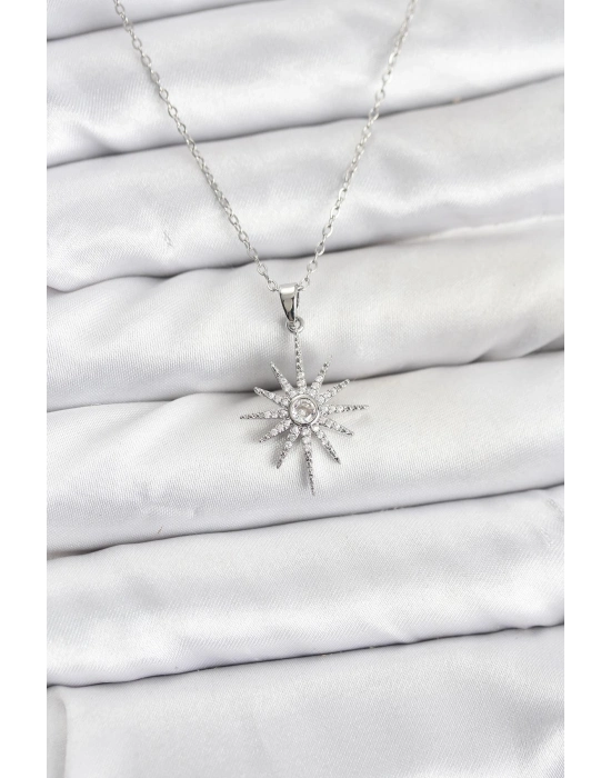® 316L Çelik Zincir Gümüş Renk Kutup Yıldızı Model Zirkon Taşlı Kadın Kolye