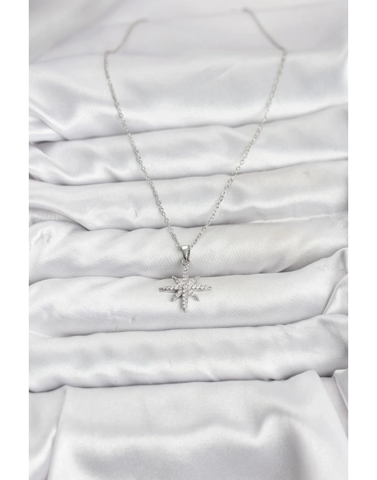 ® 316L Çelik Zincir Gümüş Renk Kutup Yıldızı Model Zirkon Taşlı Kadın Kolye