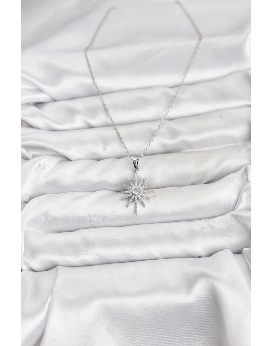 ® 316L Çelik Zincir Gümüş Renk Kutup Yıldızı Model Zirkon Taşlı Kadın Kolye