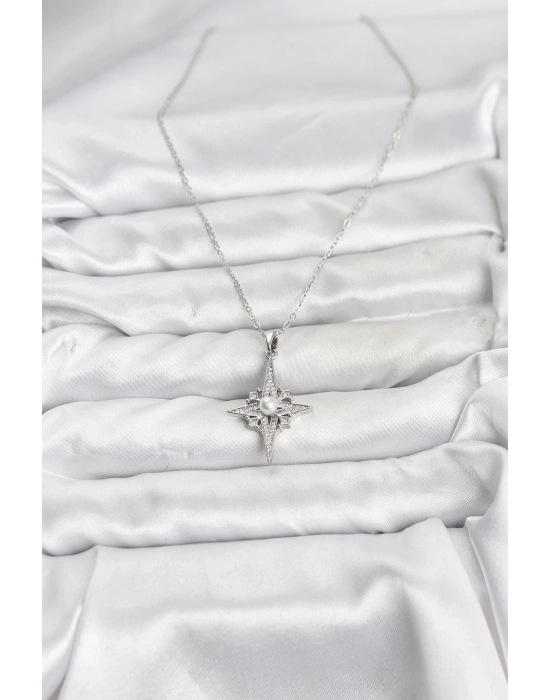 ® 316L Çelik Zincir Gümüş Renk Kutup Yıldızı Model Zirkon Taşlı Kadın Kolye