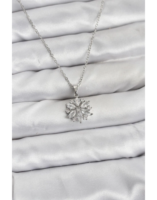 ® 316L Çelik Zincir Gümüş Renk Lotus Model Zirkon Taşlı Kadın Kolye