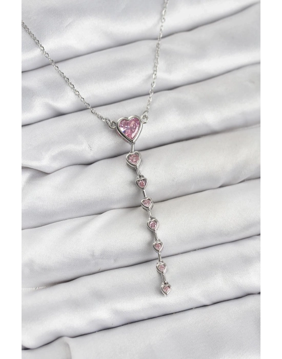 ® 316L Çelik Zincir Gümüş Renk Pembe Kalp Kadın Kolye