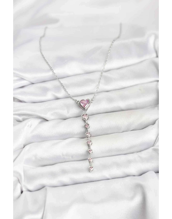 ® 316L Çelik Zincir Gümüş Renk Pembe Kalp Kadın Kolye