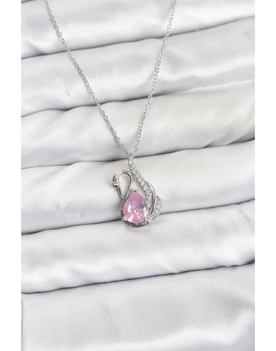 ® 316L Çelik Zincir Gümüş Renk Pembe Kuğu Model Zirkon Taşlı Kadın Kolye