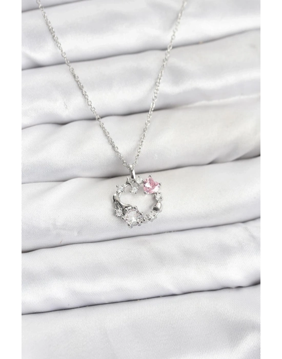® 316L Çelik Zincir Gümüş Renk Pembe Taş Detaylı Çelenk Model Kadın Kolye