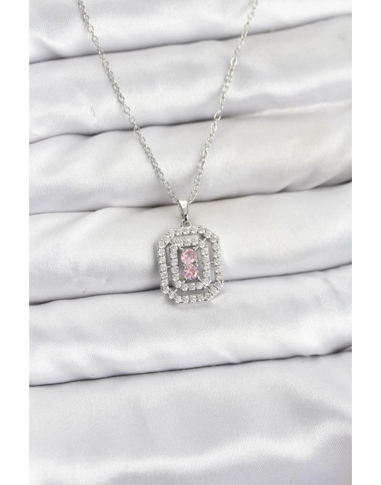 ® 316L Çelik Zincir Gümüş Renk Plaka Model Zirkon Taşlı Kadın Kolye